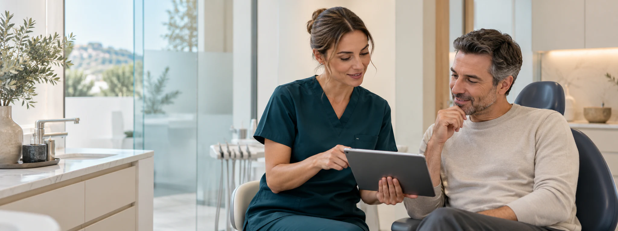Dentist and patient reviewing a personalised treatment plan on a tablet